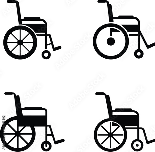 Four Icon Set simple black and white illustrations of wheelchairs, showing different angles and perspectives.