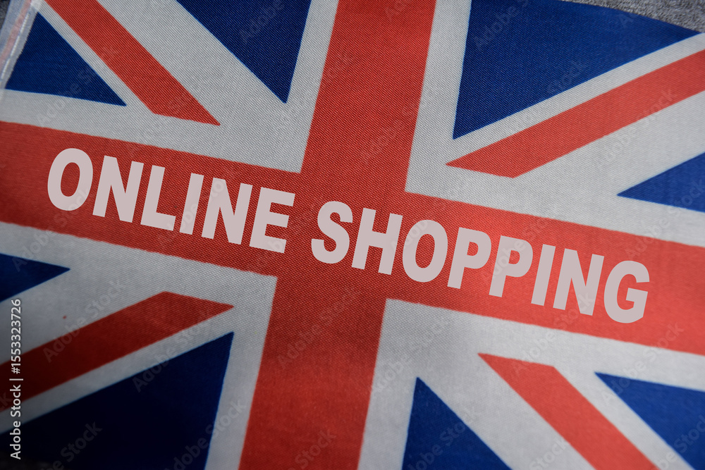 Fototapeta premium British flag sign with word online shopping. promoting english shop