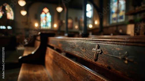 Close-up of a wooden church pew and cross in a traditional sanctuary