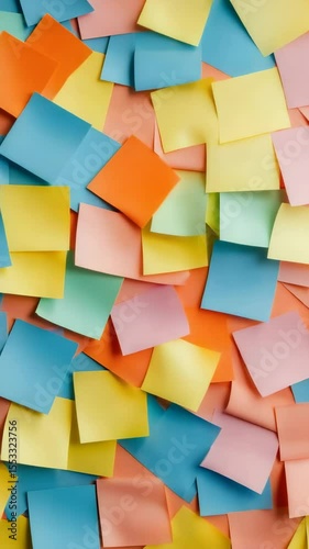 Bright multicolored sticky notes layering randomly, forming dynamic visual texture representing brainstorming, collaborative thinking, and creative workplace communication