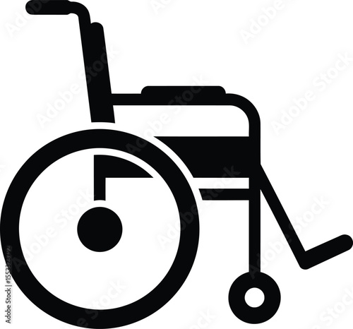A simple black and white illustration of a wheelchair, a mobility aid.