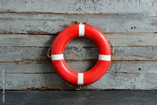 Red life preserver with white stripes leaning against a gray wooden wall Rope runs around it
