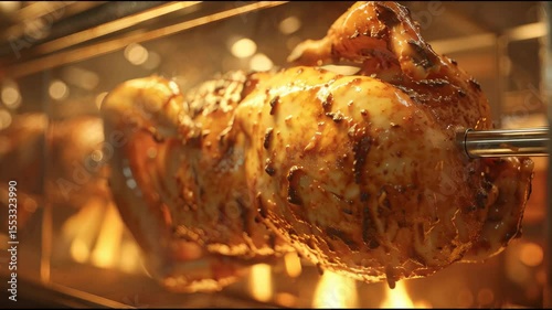 National Rotisserie Chicken Day, A golden glowing rotisserie chicken slowly rotates over the fire in a commercial rotisserie