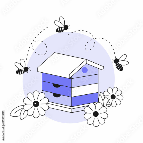 Beehive surrounded by flowers and buzzing bees in blue background  