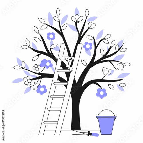 Fruit tree with pruning ladder and bucket in a minimalist style  