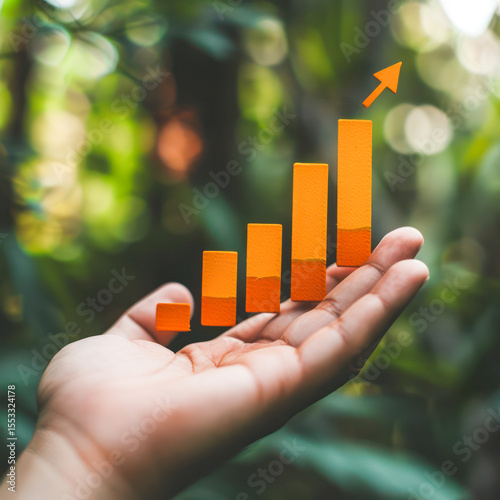 Hand holding a graphic showing growth against a natural background