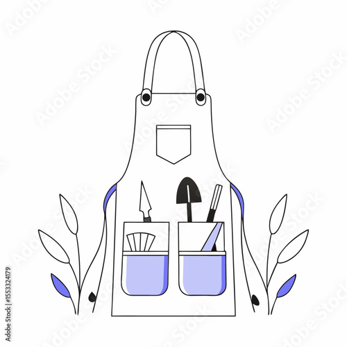 Gardening apron with tools in pockets and leaves around  
