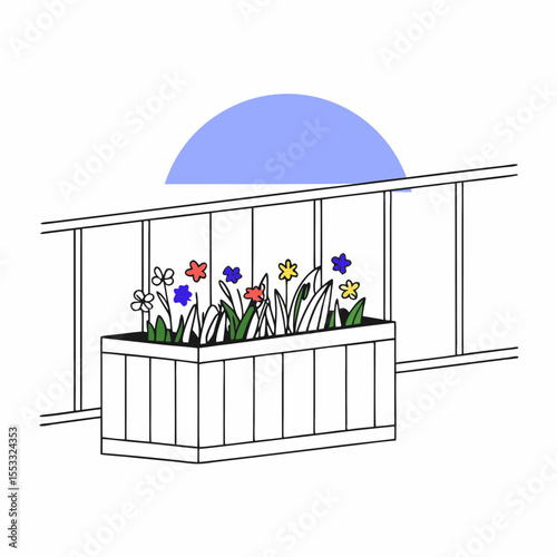 Planter box on balcony with colorful flowers against blue backdrop  