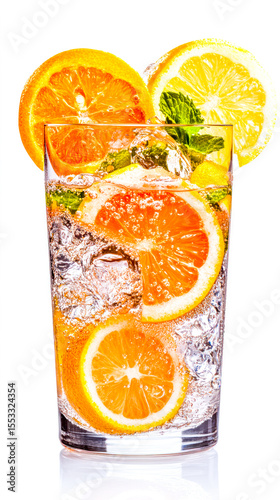 Refreshing citrus beverage with mint and ice in a clear glass