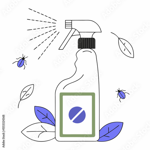 Spray bottle with natural pest control solution surrounded by leaves  