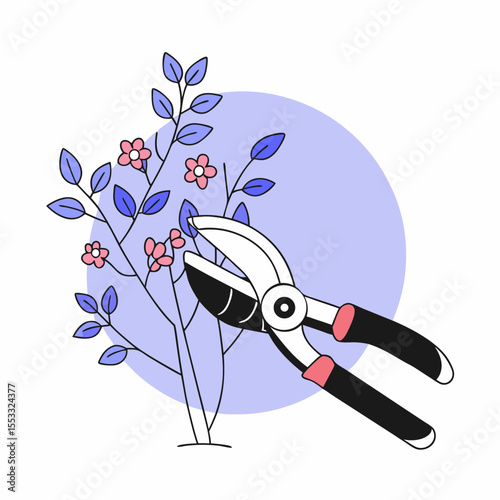 Pruning shears cutting blooming bush with flowers on pastel background  