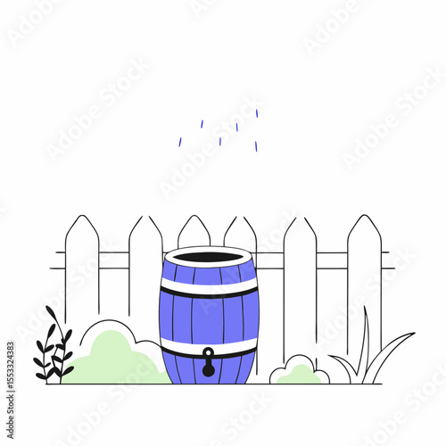 Rain barrel collecting water in a garden with a wooden fence  