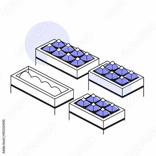 Raised garden beds with blue soil and plants in minimalist design  