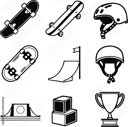 Skateboarding Icon Set – Skateboards, Helmet, Ramp, Trophy Vector Illustration