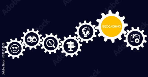 Geocaching banner web icon vector illustration concept with icons of discovery, navigation, direction, fun, activity, GPS, terrain, cache, and outdoor