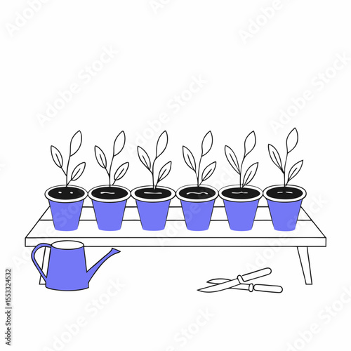 Terracotta pots with seedlings on table with gardening tools and watering can  