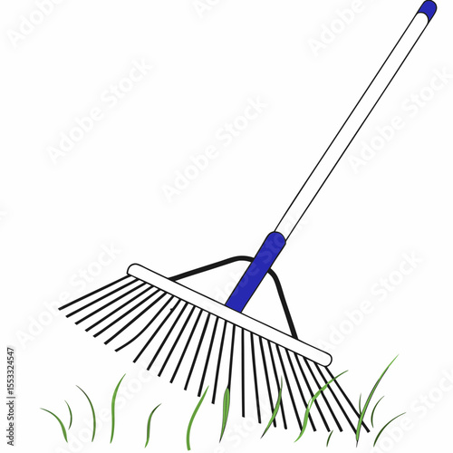 Rake used for dethatching lawn while tending to garden plants  