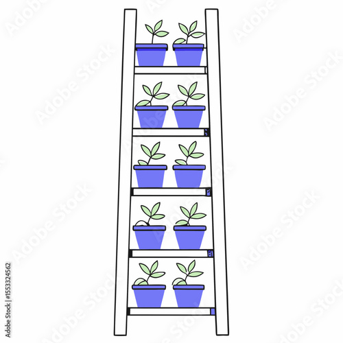 Vertical planter shelf with potted herbs in blue containers  