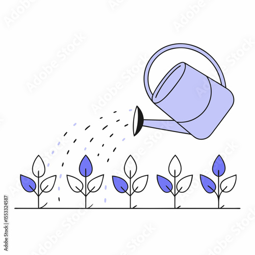 Watering can pouring water on green sprouts in simple vector style  