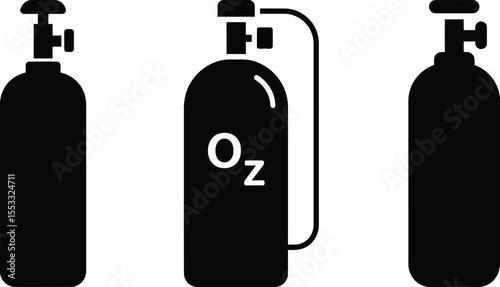 Collection Three black oxygen tanks, two with valves, one labeled "O2" in white.