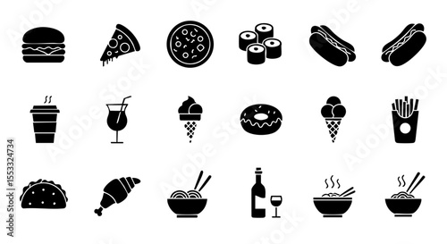 Popular Foods and Drinks in Glyph Style, 15 Solid Icons