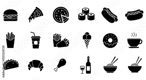 Popular Foods and Drinks in Glyph Style, 15 Solid Icons