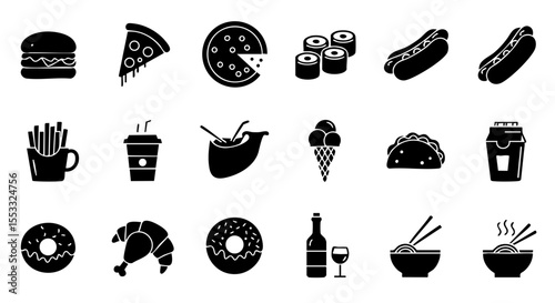 Popular Foods and Drinks in Glyph Style, 15 Solid Icons