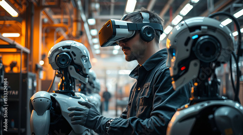 A man wearing virtual reality glasses begins repairing a humanoid robot at a factory