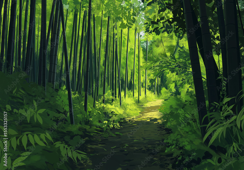 Fototapeta premium A dense bamboo forest with tall, blue stalks and sunlight filtering through the leaves .