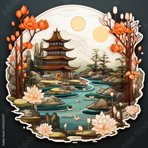 Elegant Japanese garden with traditional pagoda and serene waterway