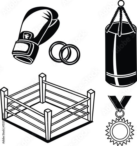 Boxing Icon Set – Gloves, Ring, Punching Bag, Medal Vector Illustration