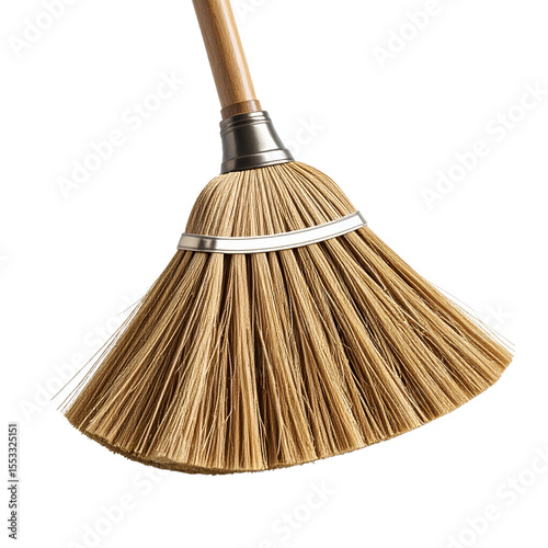 A meticulously crafted straw broom with wooden handle, for cleaning chores on transparent background