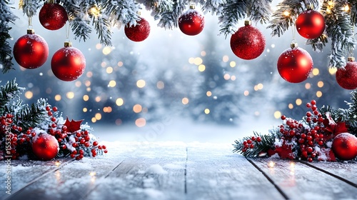 Red Christmas Ornaments With Snowy Decor alongside snow-covered fir branches and glowing lights
