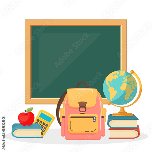 Back to school vector illustration with chalkboard for custom text, stack of books, globe, apple, backpack and calculator. Isolated classroom elements for children’s education, study and learning