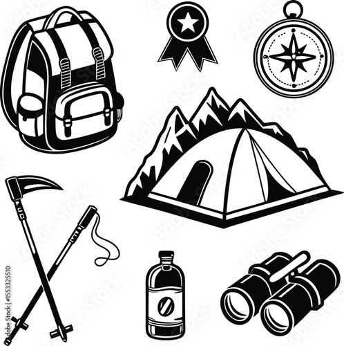 Camping, Hiking and Outdoor Adventure Icon Set – Backpack, Tent, Compass, Fire, Bottle, Axe Vector Illustration