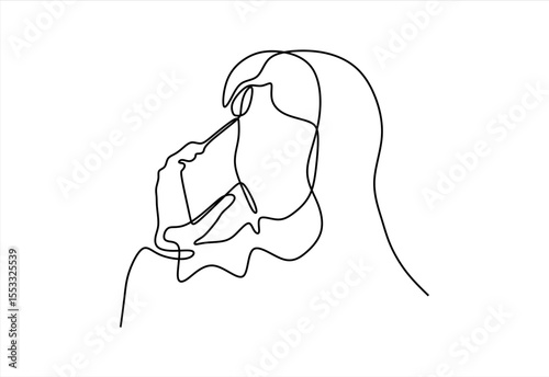 Girl talking on phone continuous line art drawing isolated on white background. Vector illustration