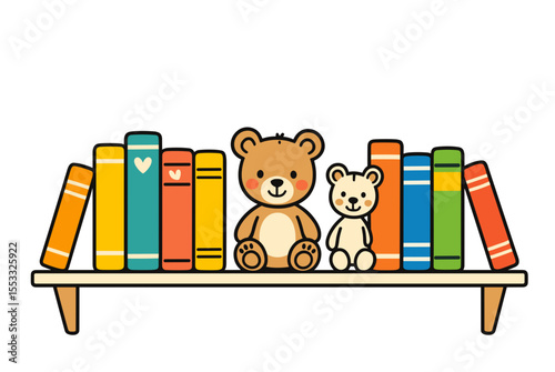 Cute Cartoon Teddy Bears Sitting on a Bookshelf with Colorful Books Illustration