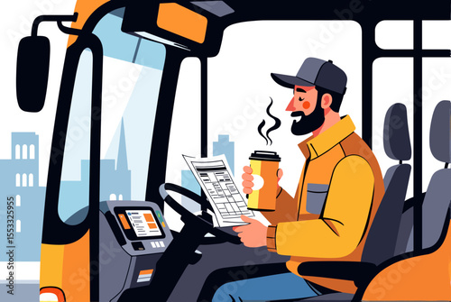 Bus Driver Taking a Break with Coffee and Route Map Illustration in a Modern Style