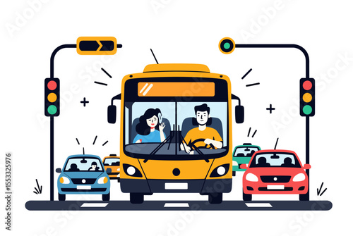 Yellow Bus with Passengers at Traffic Lights Illustration with Cars on the Road