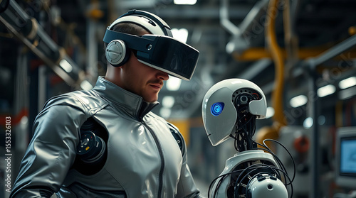 A man in VR glasses and a special suit participates in the assembly of a small humanoid robot at a factory