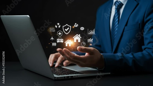 Insurance Broker Online: Digital Protection, Home, Auto, Health, Life. Advisor Using Laptop