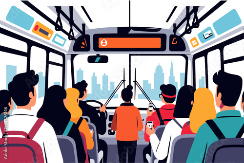 Inside a City Bus with Passengers and Driver, Featuring a Cityscape View Through the Front Windshield Illustration