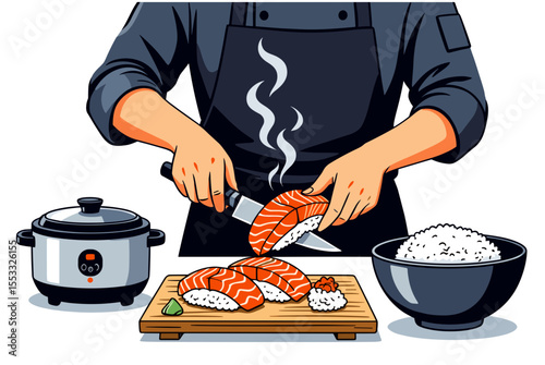 Illustration of a Chef Preparing Salmon Sushi with Rice and a Rice Cooker in a Kitchen Setting