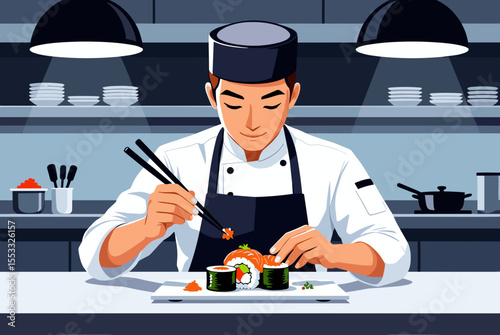 Professional Sushi Chef Preparing a Delicious Sushi Roll with Chopsticks in a Commercial Kitchen Setting, Vector Illustration