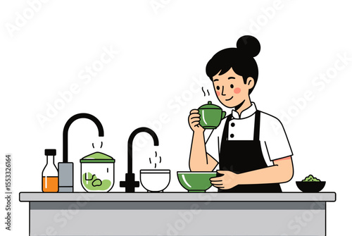 Cartoon Illustration of a Woman Preparing Food in a Kitchen with Faucets and Bowls, Cook at Work