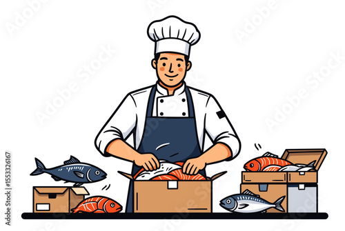 Chef Packing Fresh Fish into Cardboard Boxes for Delivery, Preparing Seafood Orders Illustration