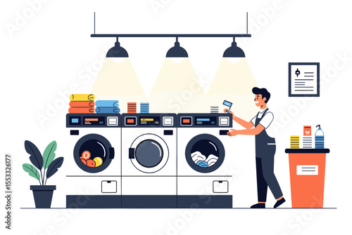 Laundry Service with Attendant Using Washing Machines and Accepting Payment, Vector Illustration