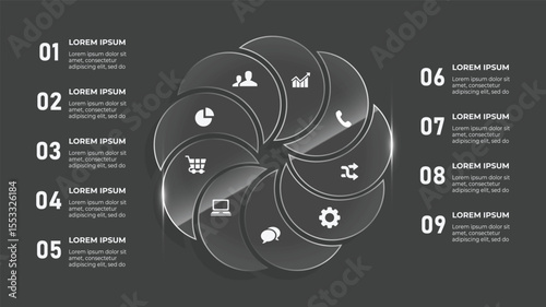 Floral 3D Glass Effect Circle Infographic – 9 Step Business Timeline Template with Decorative Elements