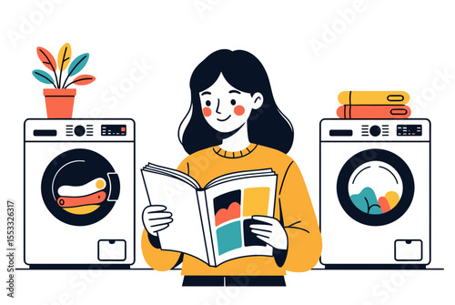 Woman Reading a Magazine in a Laundry Room with Washing Machines and a Plant, Flat Vector Illustration