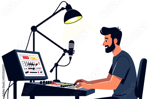 Man Recording Podcast in Studio with Mixing Console and Microphone Illustration, Vector Graphic Design